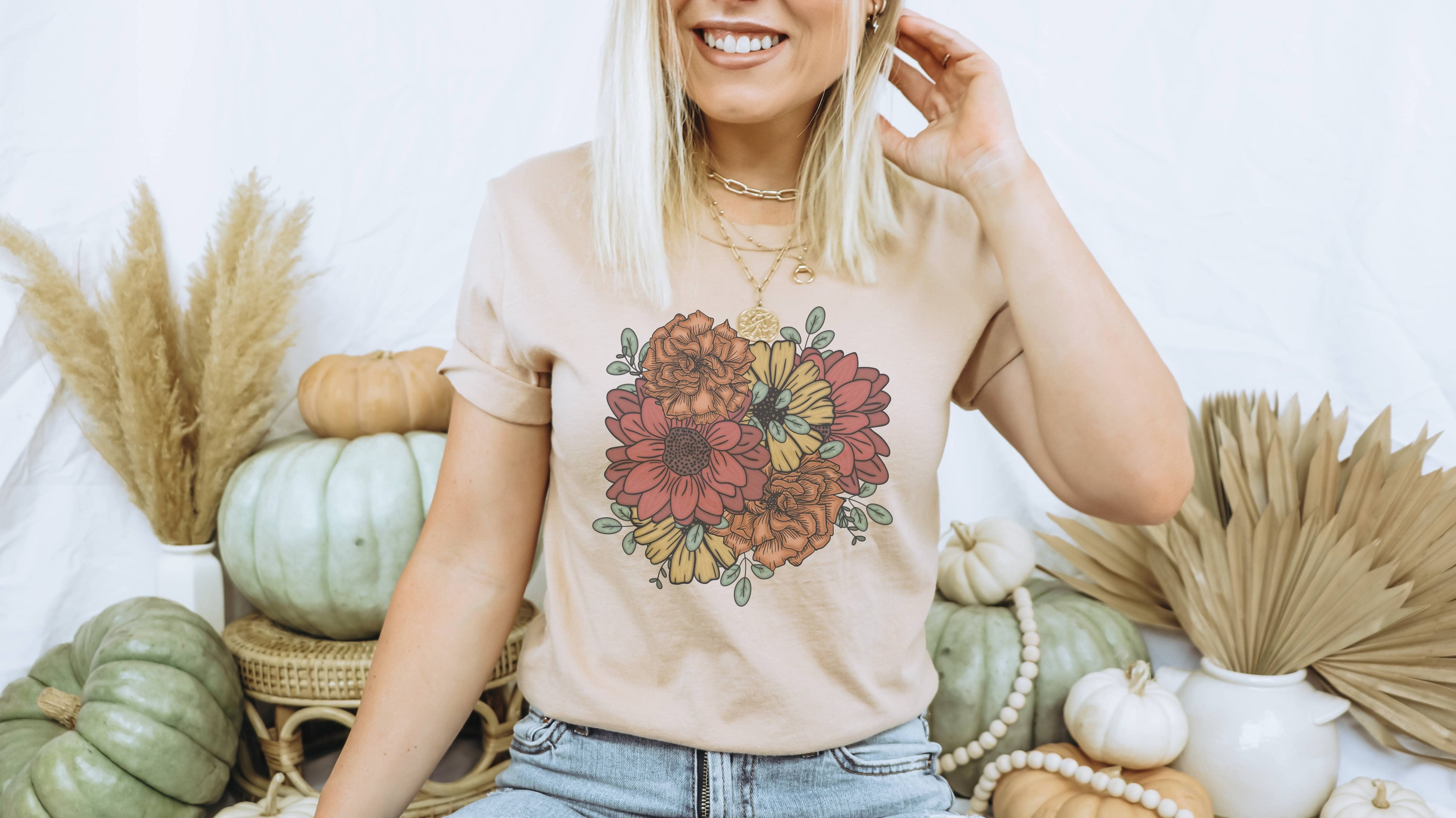 Fall Floral Bouquet Tee | Fall Pumpkin Shirt Graphic Tee Hoodie, Sweatshirt | PodTeesHub.com