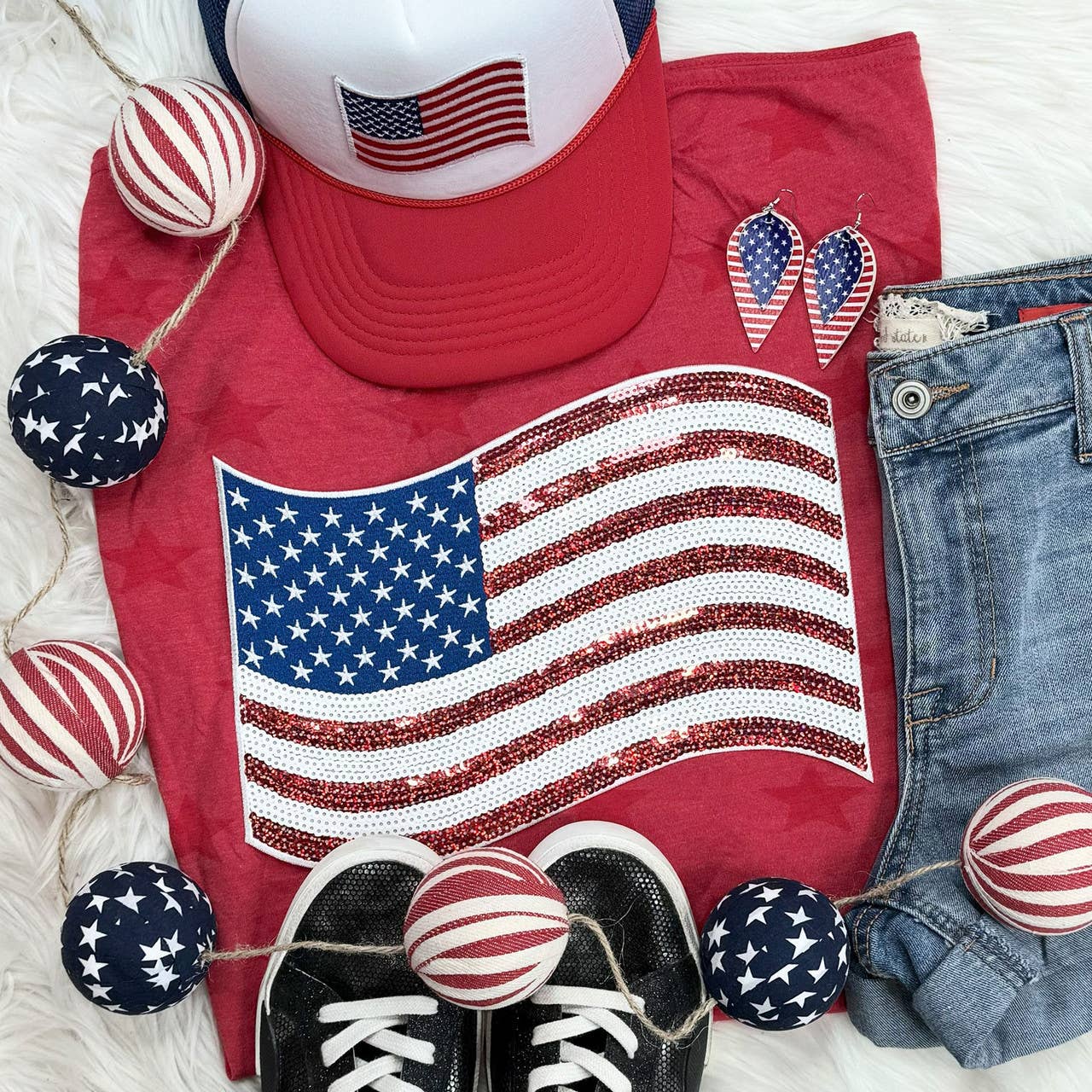 American Flag Sequin Patch Red Star Tee Hoodie, Sweatshirt | PodTeesHub.com