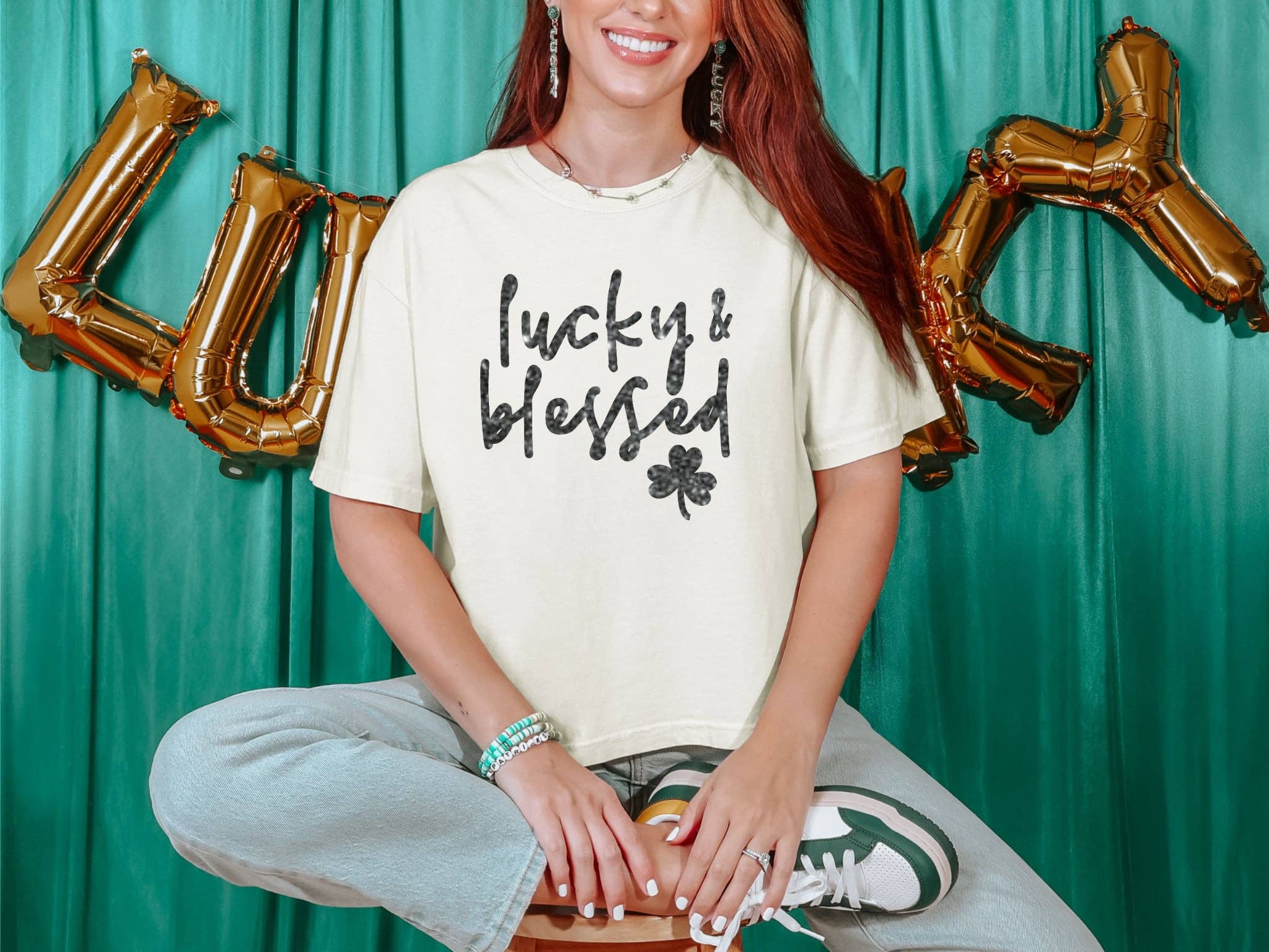 St Patty Glitter Lucky & Blessed Cream Spring Graphic Tee Hoodie, Sweatshirt | PodTeesHub.com