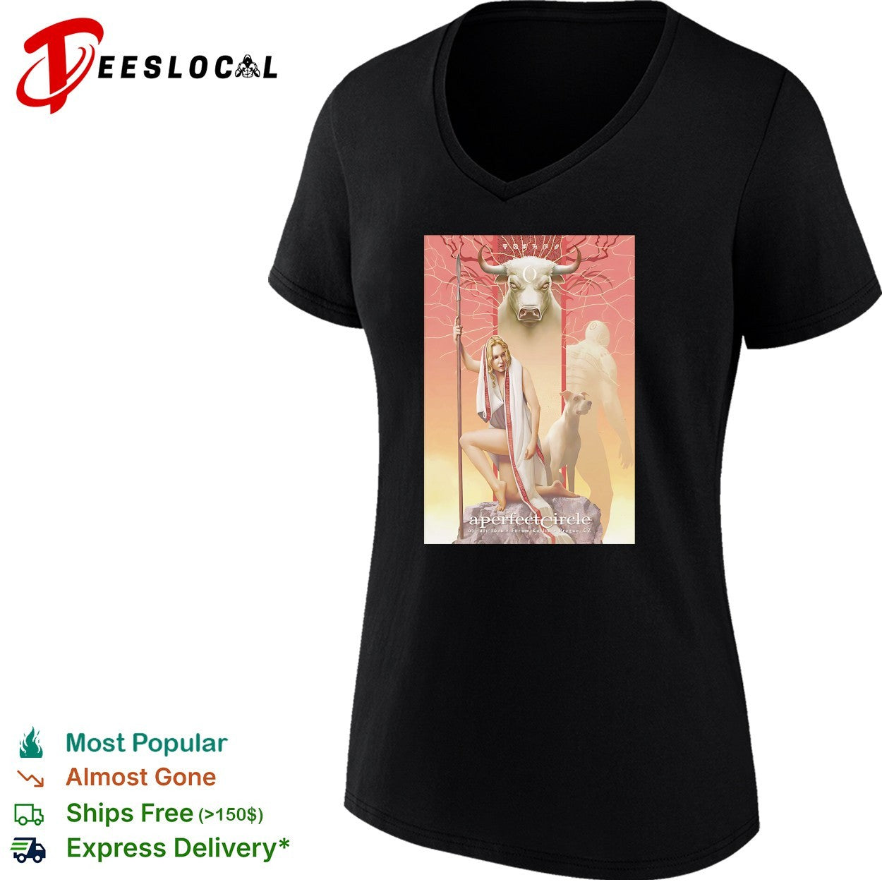 A Perfect Circle woman kneeling holding spear with dog and bull Forum Karlin Prague 2026 shirt