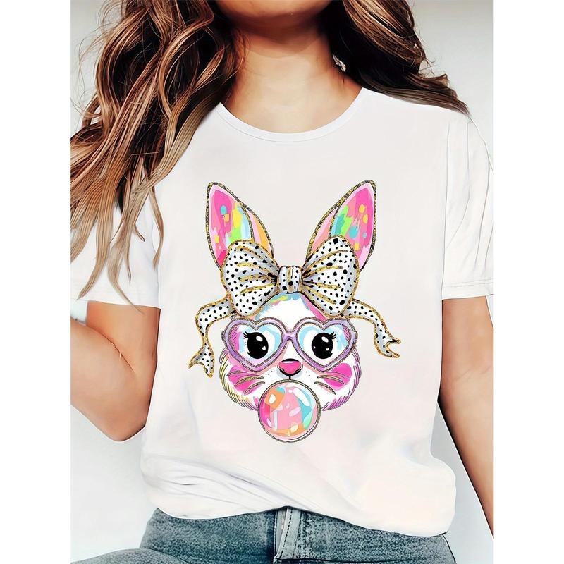 A Women'S Casual Round-Neck Easter T-Shirt Featuring a Cute Bunny Blowing Bubbles, with a Regular Fit And Slightly...