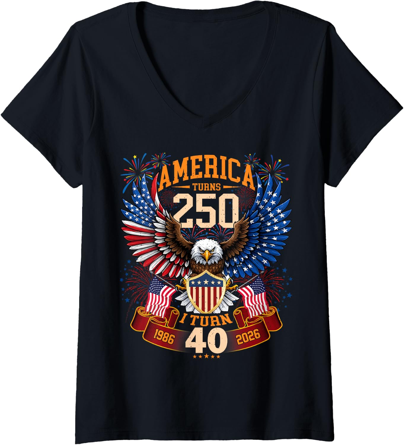 Women's America Turns 250 & I Turn 40 Patriotic Birthday Tee V-Neck T-Shirt