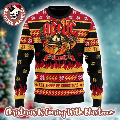 ACDC Jingle Hells Bells Let There Be Christmas Flames Pattern Knitted Ugly Christmas Sweater