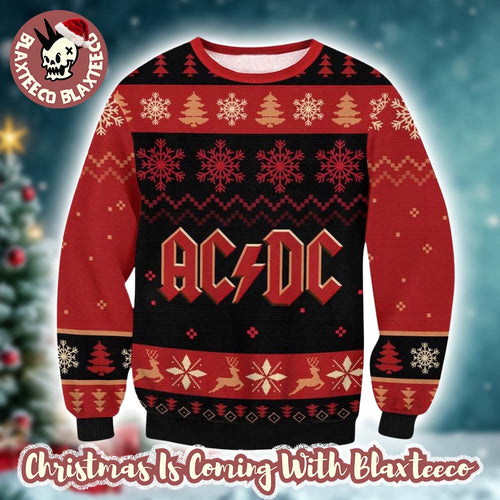 ACDC Logo With Snowflakes And Reindeer Pattern Black And Red Christmas Ugly Sweater