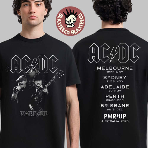 ACDC PWR Up Australia 2025 Angus Young And Brian Johnson Photo PWR UP Tour With Dates Back Two Sided T-Shirt