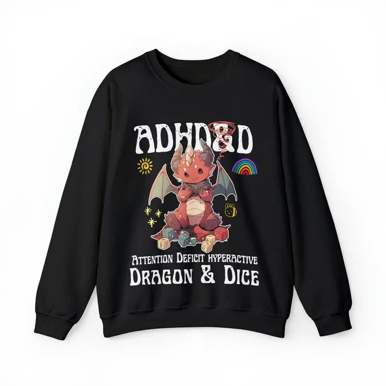 ADHDnD Crewneck Sweatshirt - "Attention Deficit Hyperactive Dragon & Dice" Pullover - DM's Gift, Dungeons and Dragons...