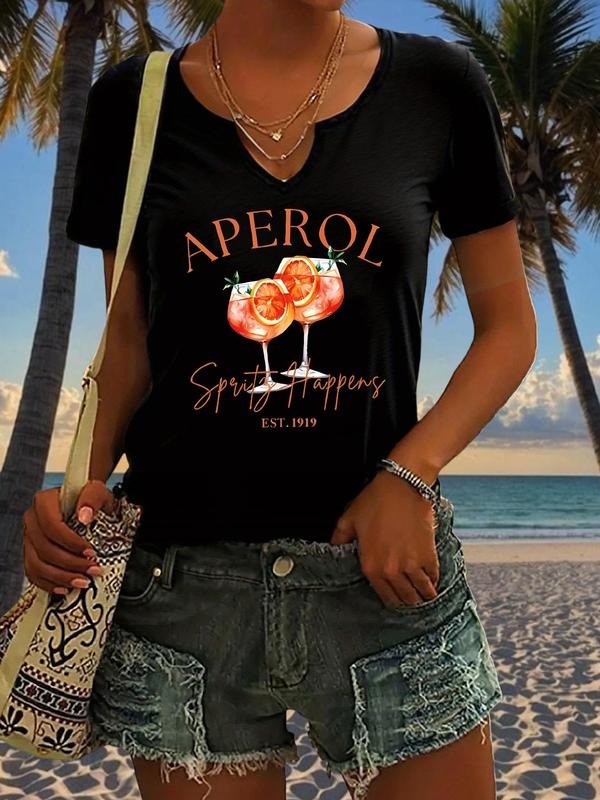 APEROL Spritz Happens Letter Print T-Shirt, Trendy Women's Short Sleeve V Neck Summer Casual Top, Stylish Fashion Apparel...