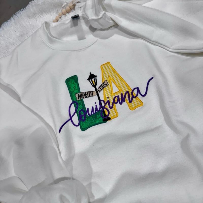 APPLIQUE LOUISIANA EMBROIDERED SWEATSHIRT Mardi Gras Sweatshirt Louisiana Crewneck Louisiana Mardi Gras Shirt Gifts for...