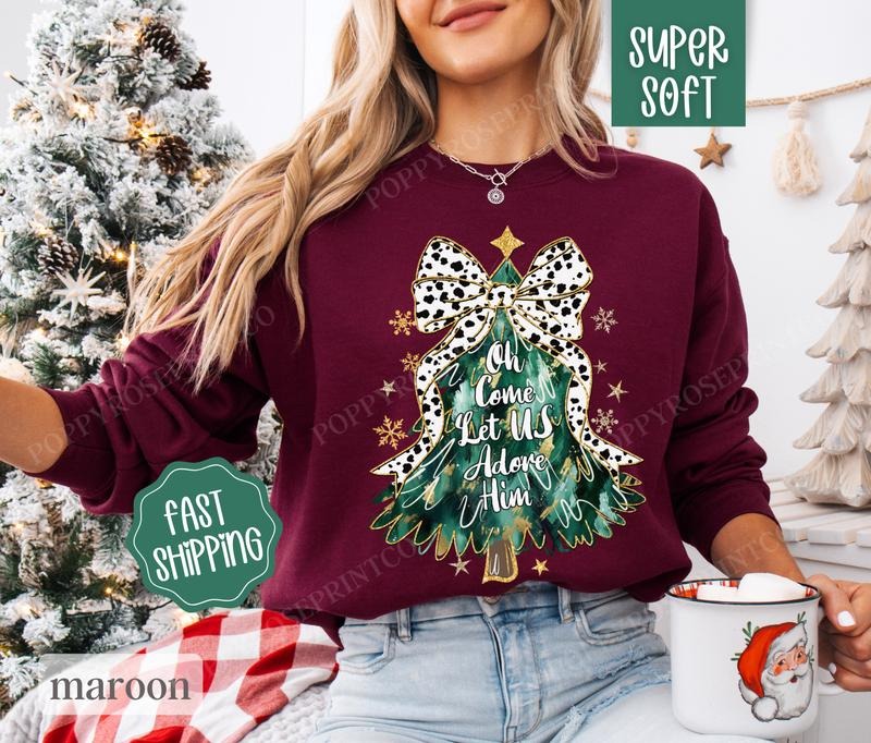 Adore Him Sweatshirt, Religious Christmas Sweater, Women's Holiday Crewneck T-Shirts, Hoodie | PodTeesHub.com