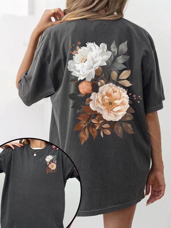 Aesthetic Boho Retro Washed Casual T-Shirt - Vintage Floral Peony Graphic Oversized Tee Hoodie, Sweatshirt | PodTeesHub.com