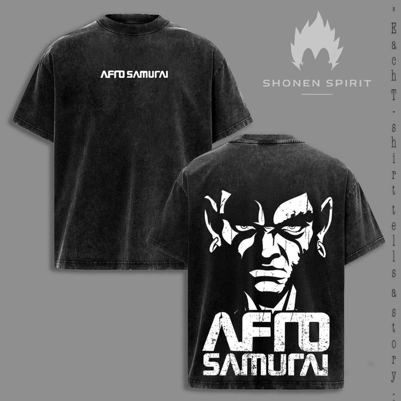 Afro Samurai Shirt, Vintage Washed Tee, Samurai Warrior Design, Anime Street Fashion, Graphic Oversize Top, Japan...