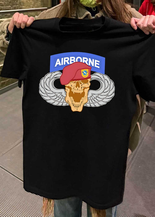 Airborne Skull Maroon Beret and Parachutist Wings Military Graphic T-Shirt