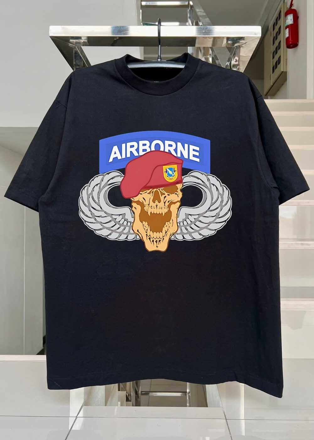 Airborne Skull Maroon Beret and Parachutist Wings Military Graphic T-Shirt