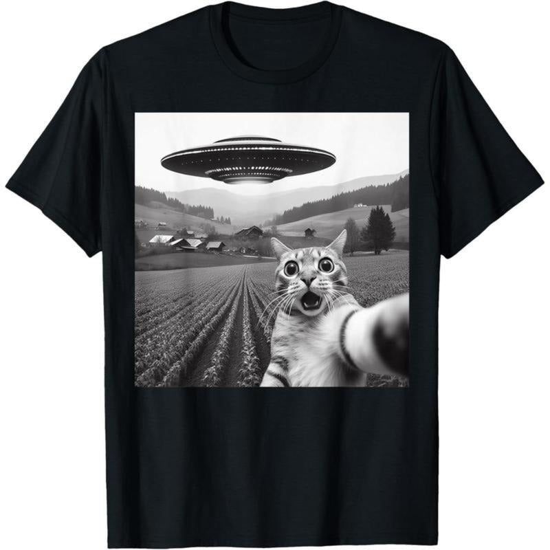 Alien UFO Cat Selfie Graphic Novelty T-Shirt For Men Women And Kids Hoodie, Sweatshirt | PodTeesHub.com