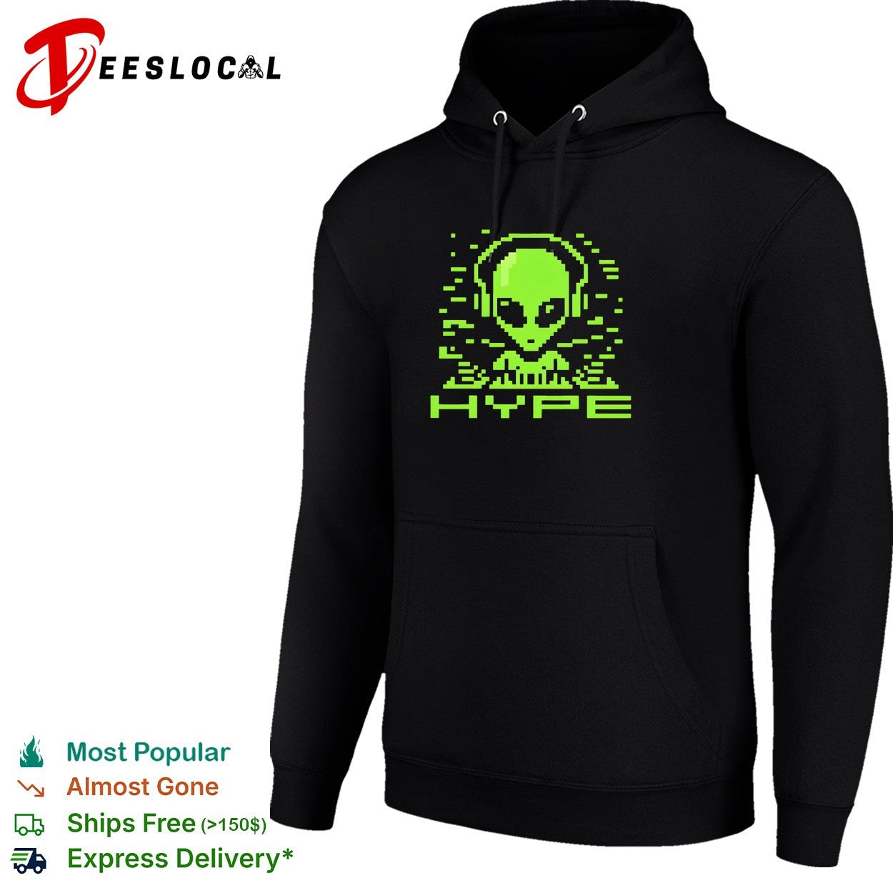 Alien pixel DJ wearing headphones hype shirt