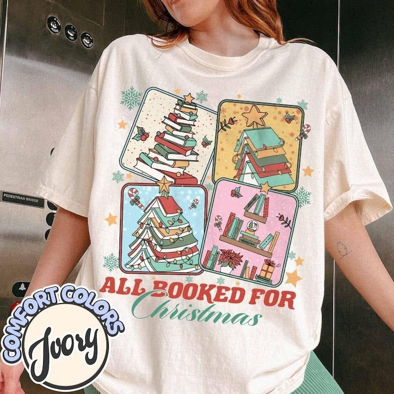 All Booked for Christmas Comfort Colors Shirt, Christmas Book Tree Shirt, Gifts for Librarian, Bookworm Christmas Shirt,...