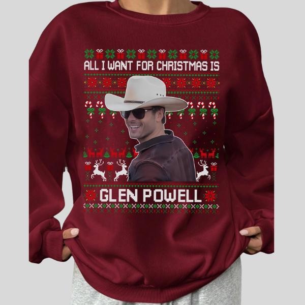 All I Want for Christmas Is Glen Powell Fleece Sweatshirt, Funny Celebrity Holiday Shirt, Cute Xmas Gift Idea Hoodie