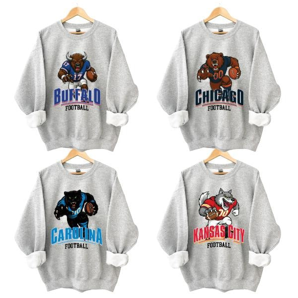 All Team Football Sweatshirt with Funny Animal Mascot Graphic, Unisex Sport Grey, 90s Style Game Day Top, Football Fans...