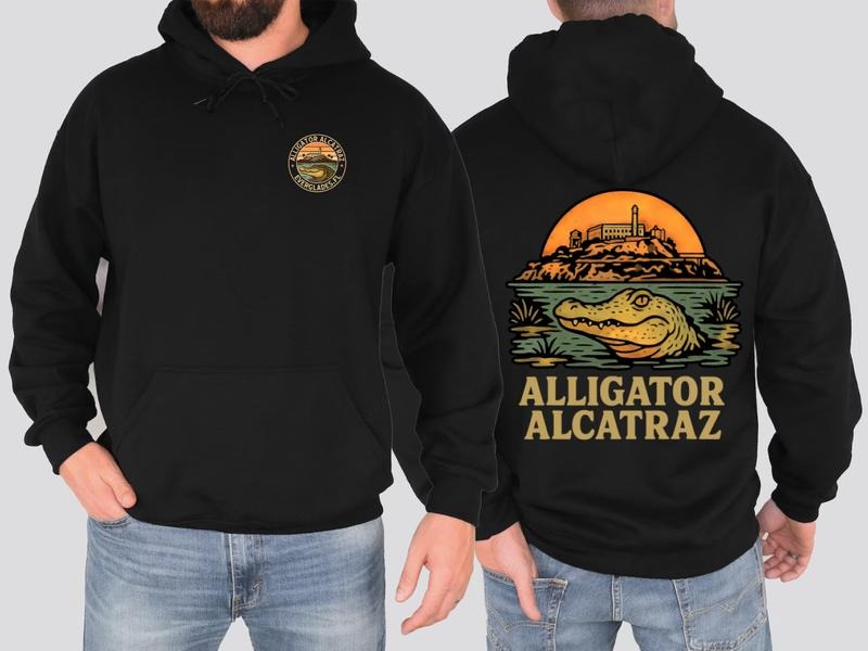 Alligator Alcatraz Florida Everglades Funny Retro 2 Sided Hoodie, Vintage Gator Design, Dark Humor Gift, For Men, For...