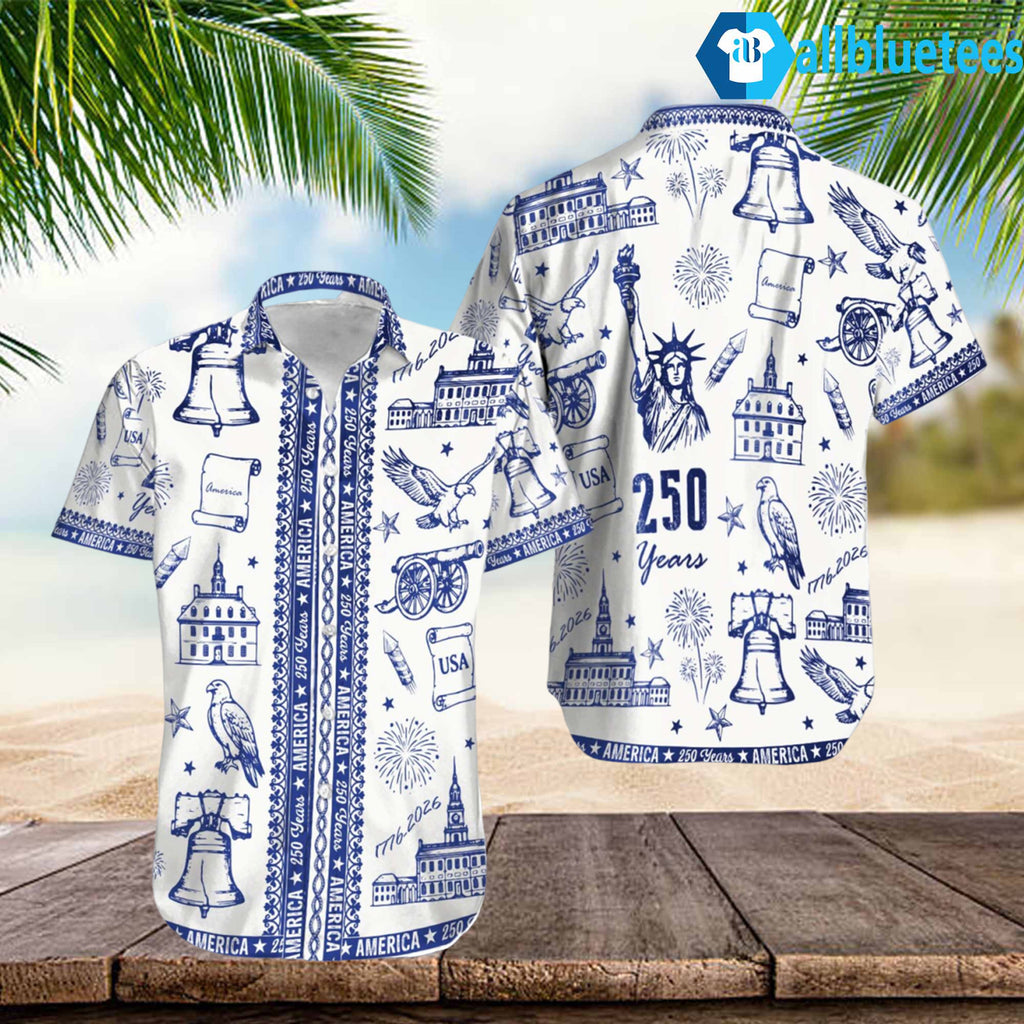 America 250 Blue And White Anniversary Hawaiian Shirt