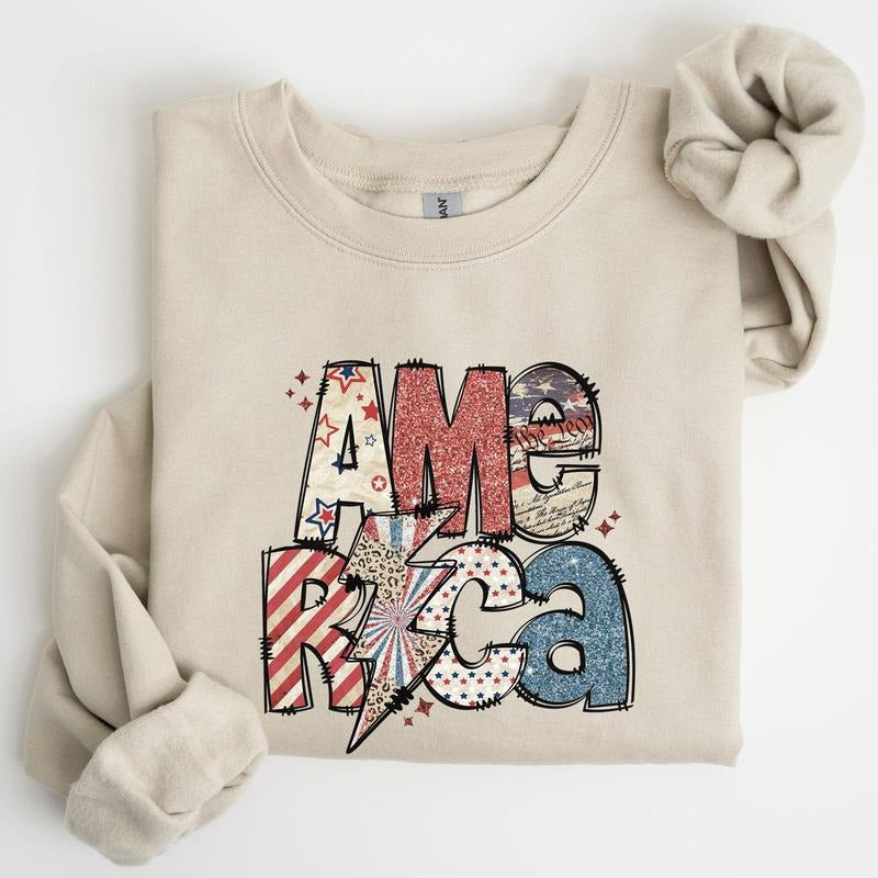 America, Patriotic Lightening Bolt Patterns Patch Sweatshirt, Women's Crew Neck, Crewneck T-Shirts, Hoodie | PodTeesHub.com