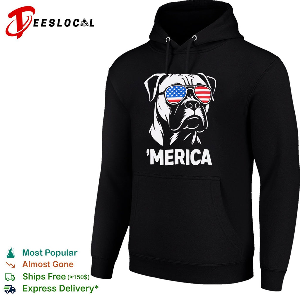 American Bulldog wearing United States flag sunglasses ‘Merica shirt