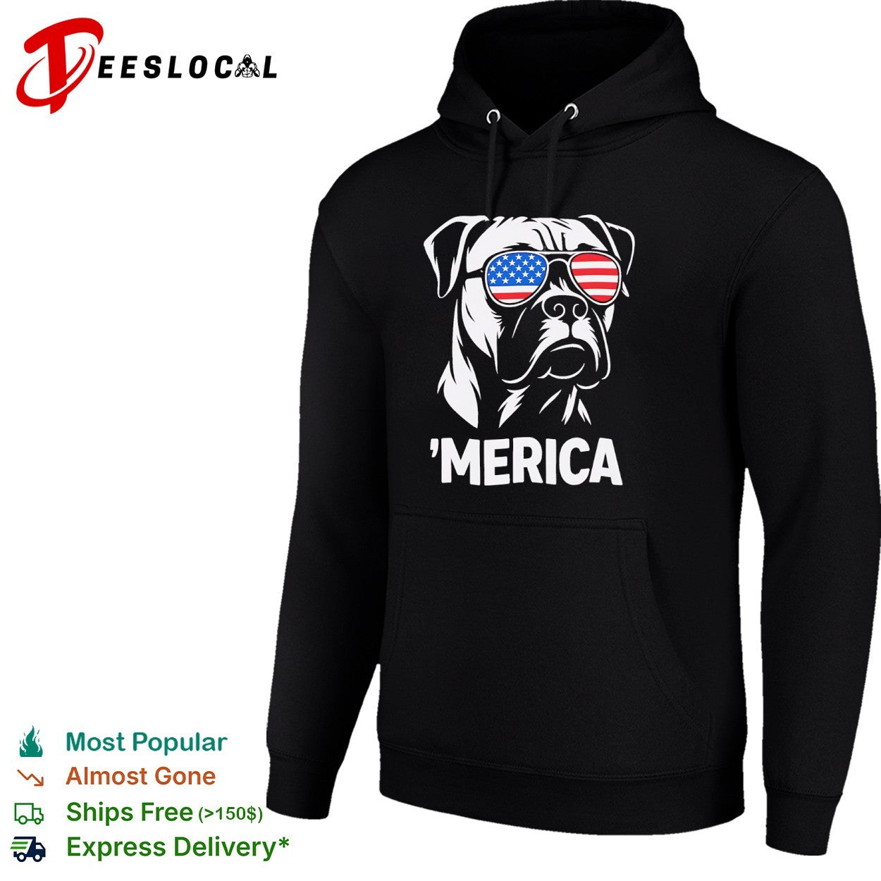 American Bulldog wearing United States flag sunglasses ‘Merica shirt