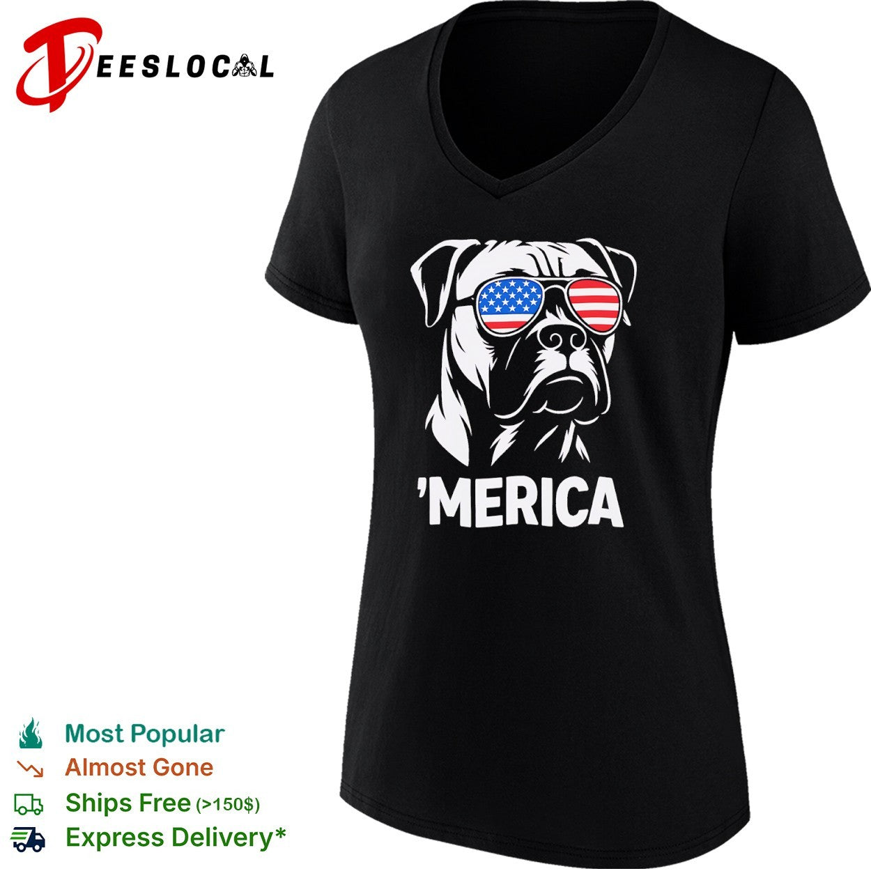 American Bulldog wearing United States flag sunglasses ‘Merica shirt