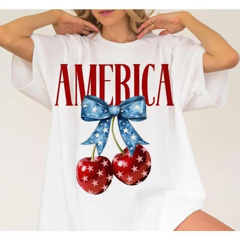 American Flag Cherry Bow Fourth of July T-Shirt, USA America 4th of July, Patriotic Tee, Independence Day, Gift for Men...