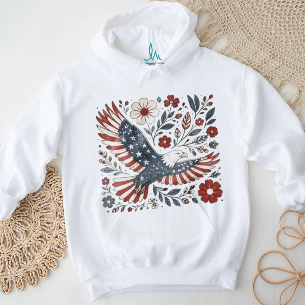 American Flag Eagle Folk Art Floral Wildflowers Patriotic T Shirt