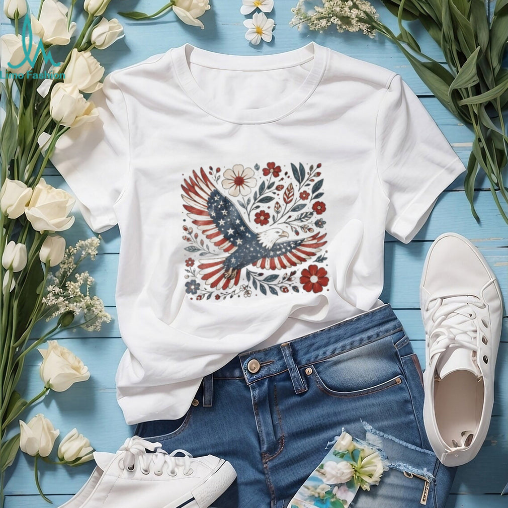 American Flag Eagle Folk Art Floral Wildflowers Patriotic T Shirt