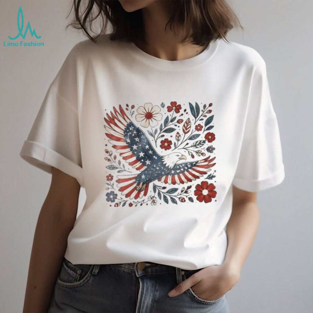 American Flag Eagle Folk Art Floral Wildflowers Patriotic T Shirt