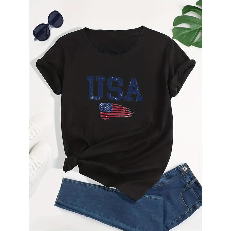 American Flag Graphic Casual Sports T-shirts, USA Letter Fashion Round Neck Short Sleeve Tops For Women, Women's Tops...
