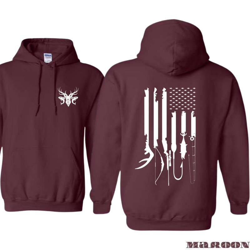 American Flag Hunting and Fishing Hoodie - Patriotic Outdoor Sportsman Sweatshirt with Guns, Hooks and Rods Graphic,...