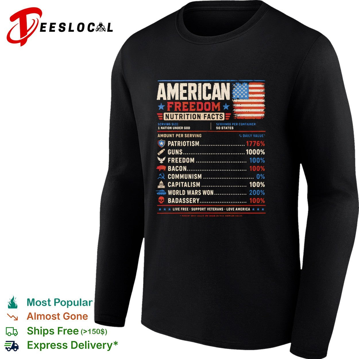 American Freedom Nutrition Facts Patriotism Guns Freedom Bacon Capitalism Shirt