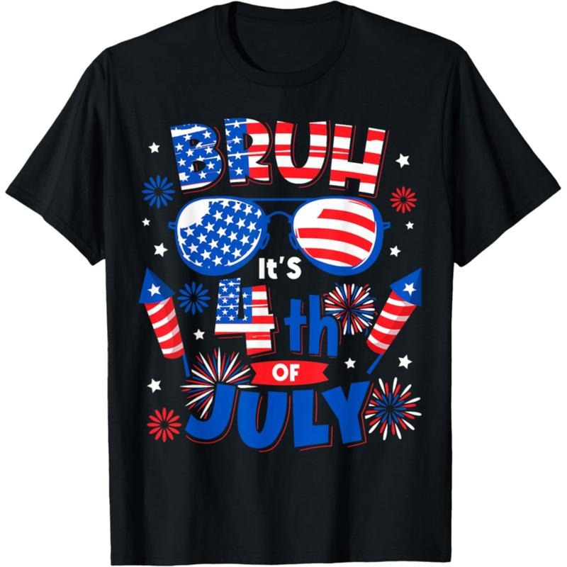 American Independence Day T-shirt 100% Cotton Bruh 4th Of July Sunglasses American Flag Patriotic Boy T-Shirt tokwear Tee...