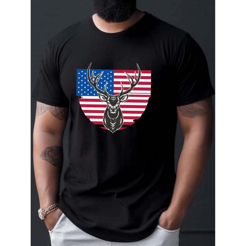 American Independence Day T-shirt mens large size patriotic deer american flag graphic t shirt 100 cotton soft knit loose...