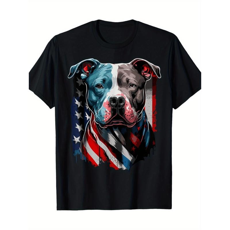 American Independence Day T-shirt minimalist mens patriotic bulldog american flag cotton t shirt breathable casual round...