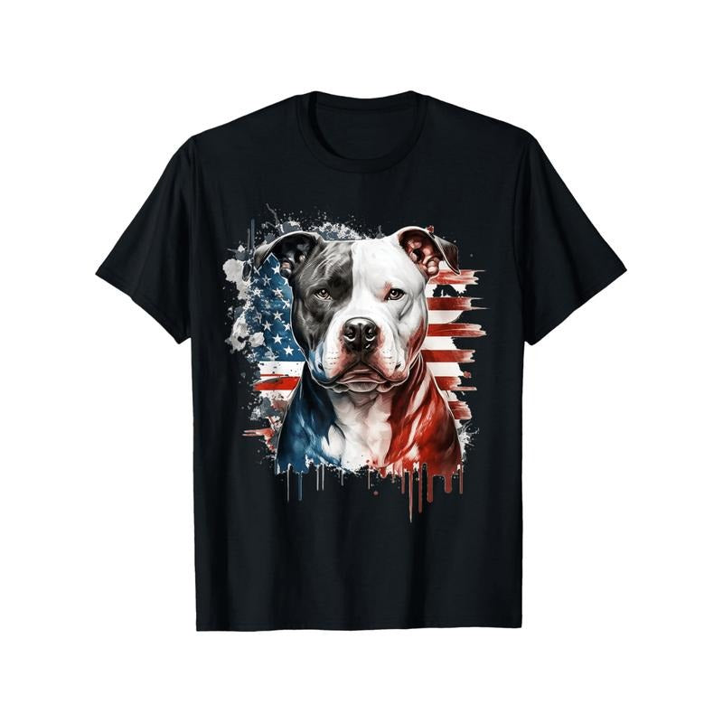 American Independence Day T-shirt patriotic canine pitbull with american flag mens casual round neck short sleeve t shirt...