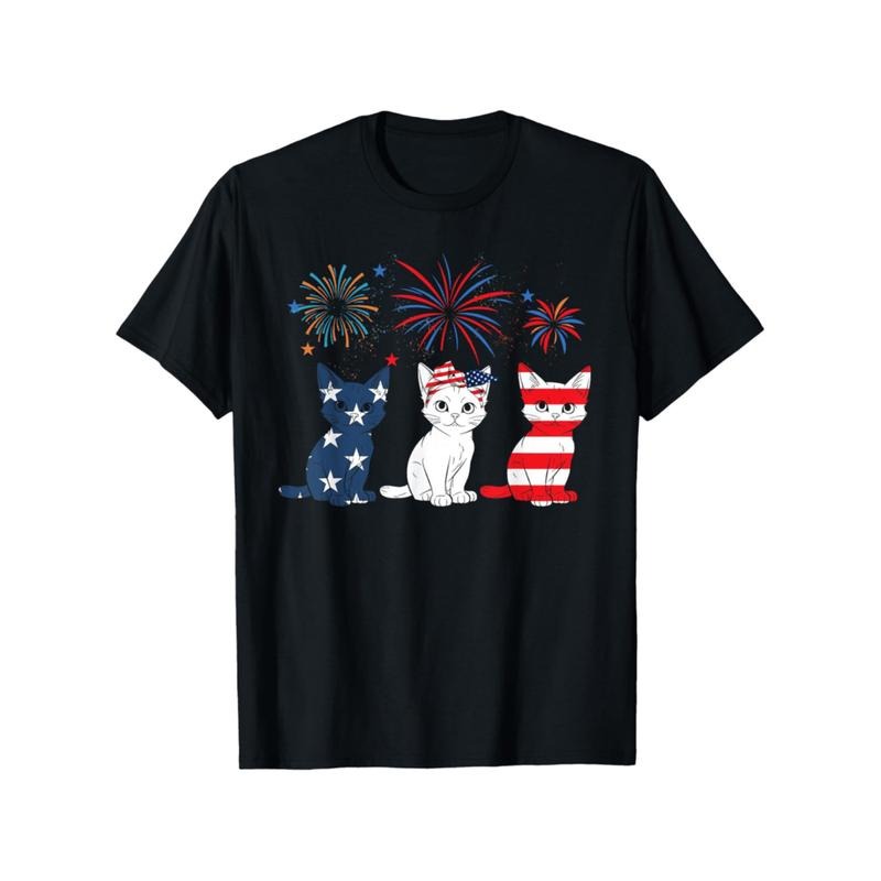 American Independence Day T-shirt patriotic cat t usa flag fireworks design unisex cotton relaxed fit tee wi stretch 100...