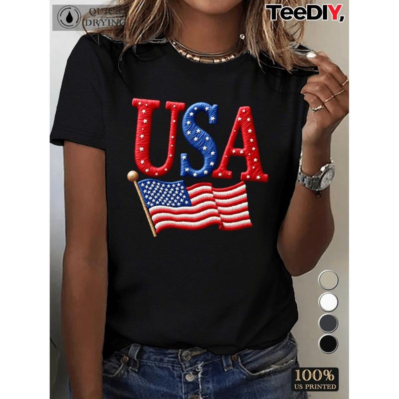 American Independence Day T-shirt usa patriotic flag letters womens plus size sports short sleeve casual t shirt -1...