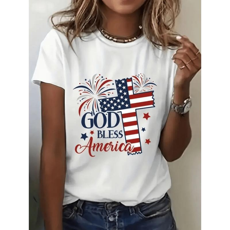 American Independence Day T-shirt womens patriotic god america graphic crew neck t fireworks lightweight brea able casual...