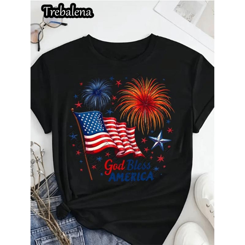 American Independence Day T-shirt womens patriotic god america t fireworks flag print 100 cotton round neck casual sleeve...