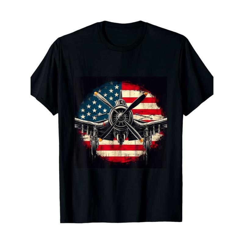 American Independence Day T-shirtAmerican Independence Day T-shirtVintage WWII Warplane Distressed American Flag T Shirt...