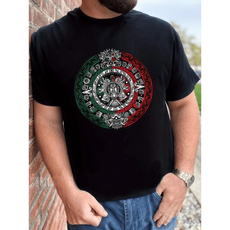 American Independence Day T-shirtAztec Calendar Mexican Pattern Cotton Printed T Shirt For Men In White Hoodie, Sweatshirt