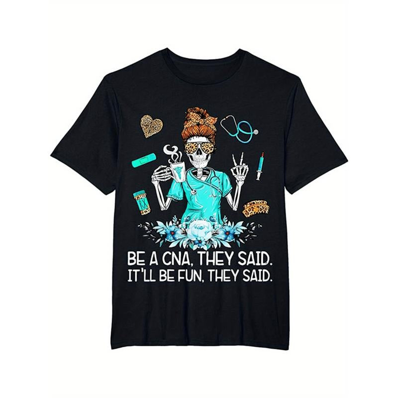 American Independence Day T-shirtCna Nurse Themed T-Shirt Black Cotton Tee With Cartoon Skeleton Illustrations Short...