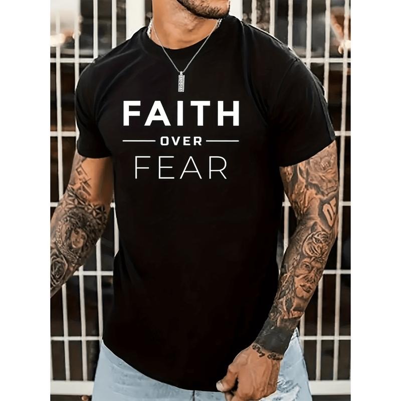 American Independence Day T-shirtFaith Over Fear Print T-Shirt For Men Casual Short Sleeve Crew Neck Summer Tee Black...