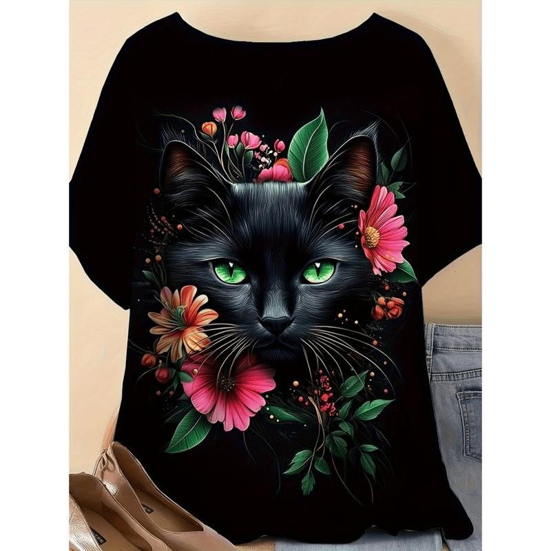 American Independence Day T-shirtFloral Cat Print T-Shirt For Women Plus Size 100 Cotton Stretchy Round Neck Summer Top...