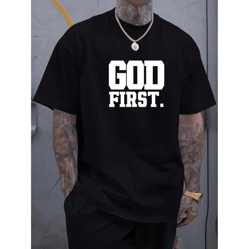 American Independence Day T-shirtGod First Graphic Navy Blue T Shirt For Men Casual Short Sleeve Summer Wear Polyester...