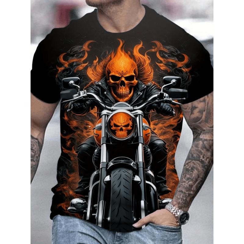 American Independence Day T-shirtHalloween Skull Motorcycle Print T-Shirt For Men 100 Polyester Crew Neck Casual Tee...